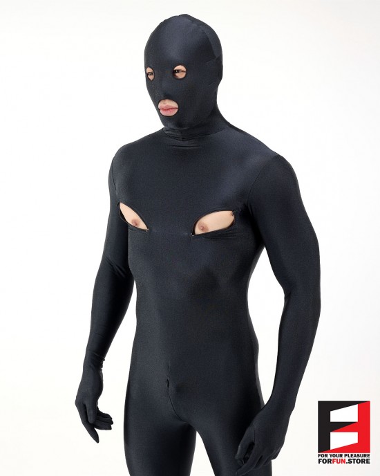 SPANDEX SHINY FUNSUIT WITH CHEST ZIPPERS BLACK FS01