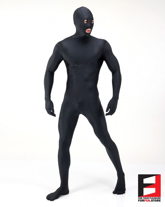 SPANDEX SHINY FUNSUIT WITH CHEST ZIPPERS BLACK FS01