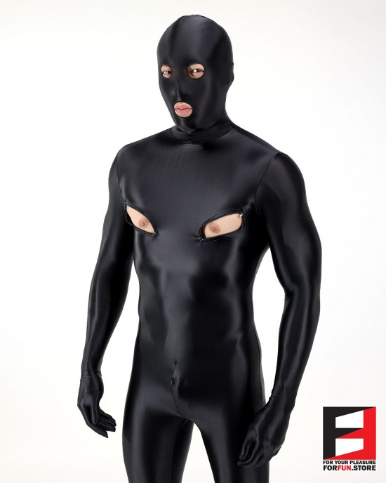 SPANDEX SLICK FUNSUIT WITH CHEST ZIPPERS BLACK FS02