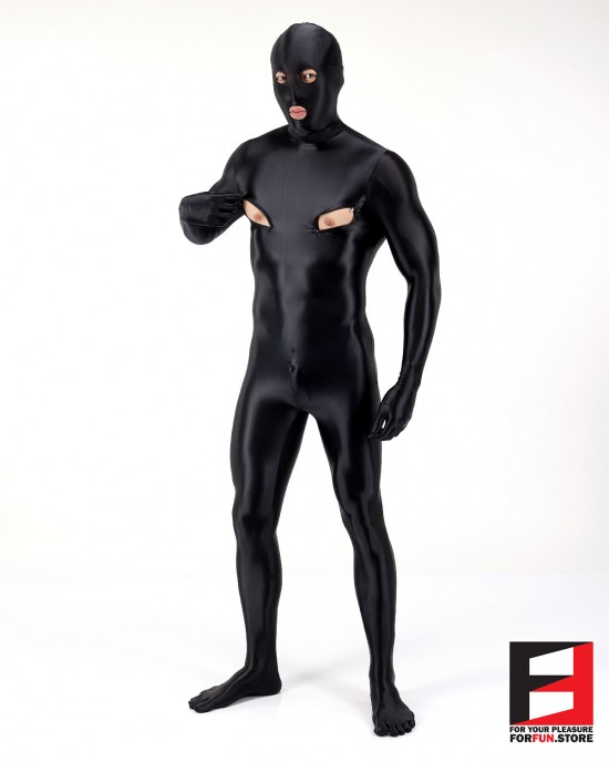 SPANDEX SLICK FUNSUIT WITH CHEST ZIPPERS BLACK FS02