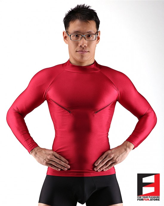 SPANDEX SHINY SHIRTS RED WITH CHEST ZIPPERS SHAZ01