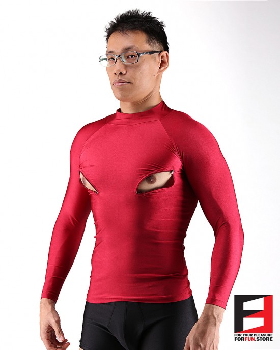 SPANDEX SHINY SHIRTS RED WITH CHEST ZIPPERS SHAZ01