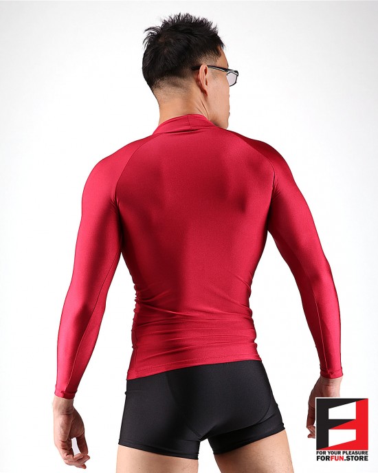 SPANDEX SHINY SHIRTS RED WITH CHEST ZIPPERS SHAZ01