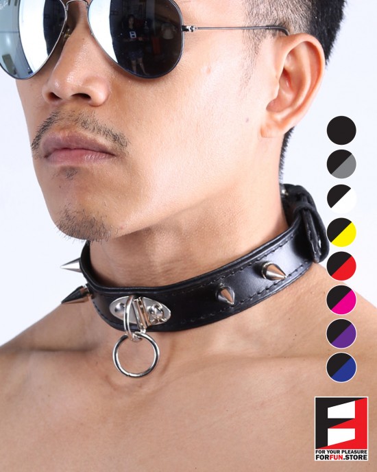 LEATHER RING-CHOKER COLLAR WITH SPIKES CL009C