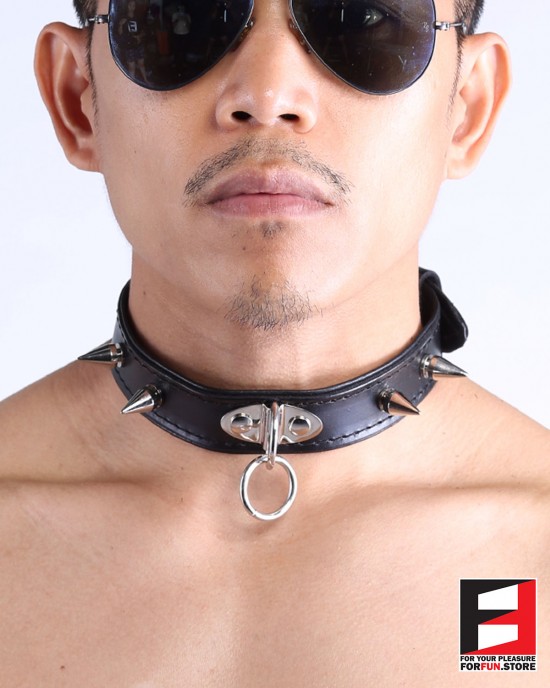 LEATHER RING-CHOKER COLLAR WITH SPIKES CL009C