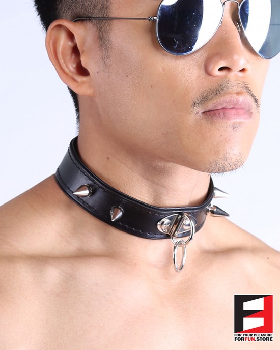 LEATHER RING-CHOKER COLLAR WITH SPIKES CL009C