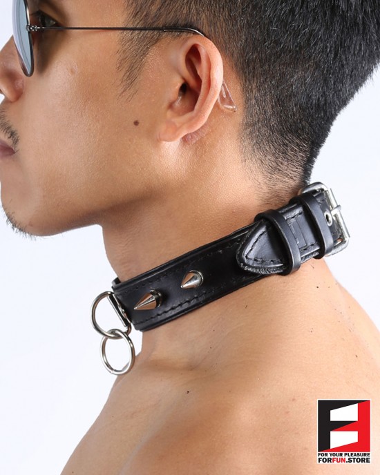 LEATHER RING-CHOKER COLLAR WITH SPIKES CL009C