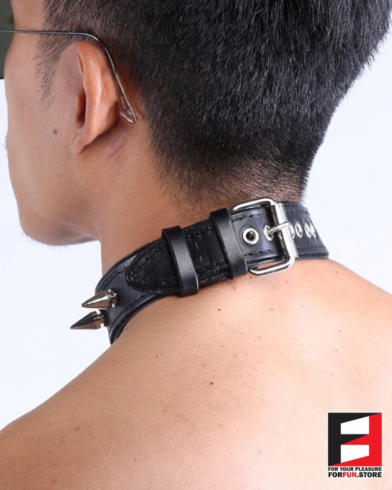 LEATHER RING-CHOKER COLLAR WITH SPIKES CL009C