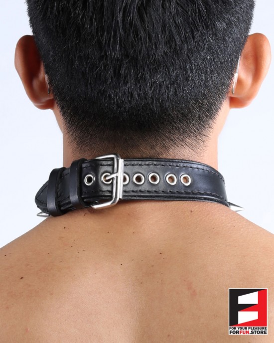 LEATHER RING-CHOKER COLLAR WITH SPIKES CL009C