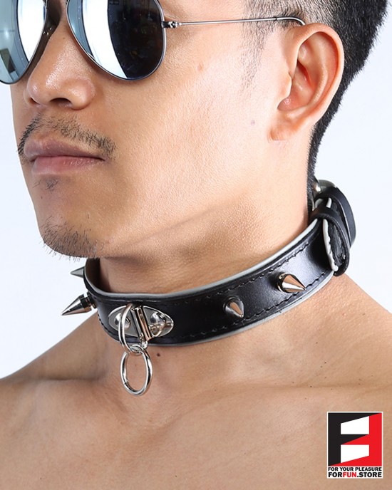 LEATHER RING-CHOKER COLLAR WITH SPIKES CL009C