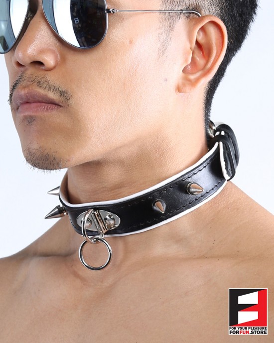 LEATHER RING-CHOKER COLLAR WITH SPIKES CL009C