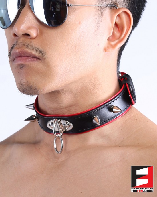 LEATHER RING-CHOKER COLLAR WITH SPIKES CL009C