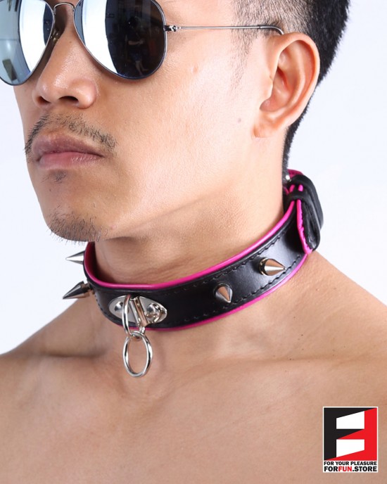 LEATHER RING-CHOKER COLLAR WITH SPIKES CL009C