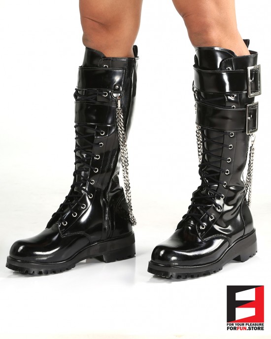 LEATHER PREMIUM POLISH TALL BOOTS WITH BELT & CHAIN SE-BOOT18A