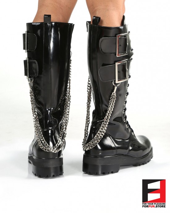 LEATHER PREMIUM POLISH TALL BOOTS WITH BELT & CHAIN SE-BOOT18A