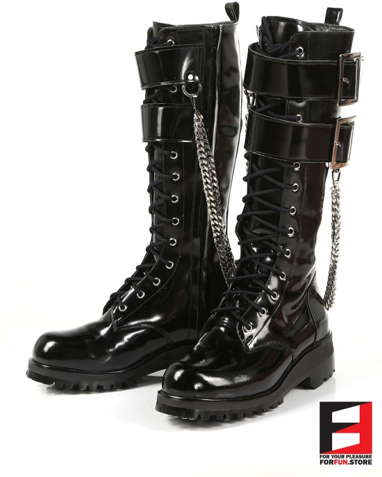 LEATHER PREMIUM POLISH TALL BOOTS WITH BELT & CHAIN SE-BOOT18A